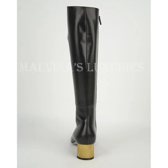 GUCCI BOOTS TALL ARIELLE GOLD MOON CRYSTAL HEEL BLACK LEATHER sz 37.5 7.5